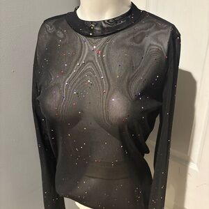 Lulu's Black Sheer Glitter Blouse Bodysuit S/XL
